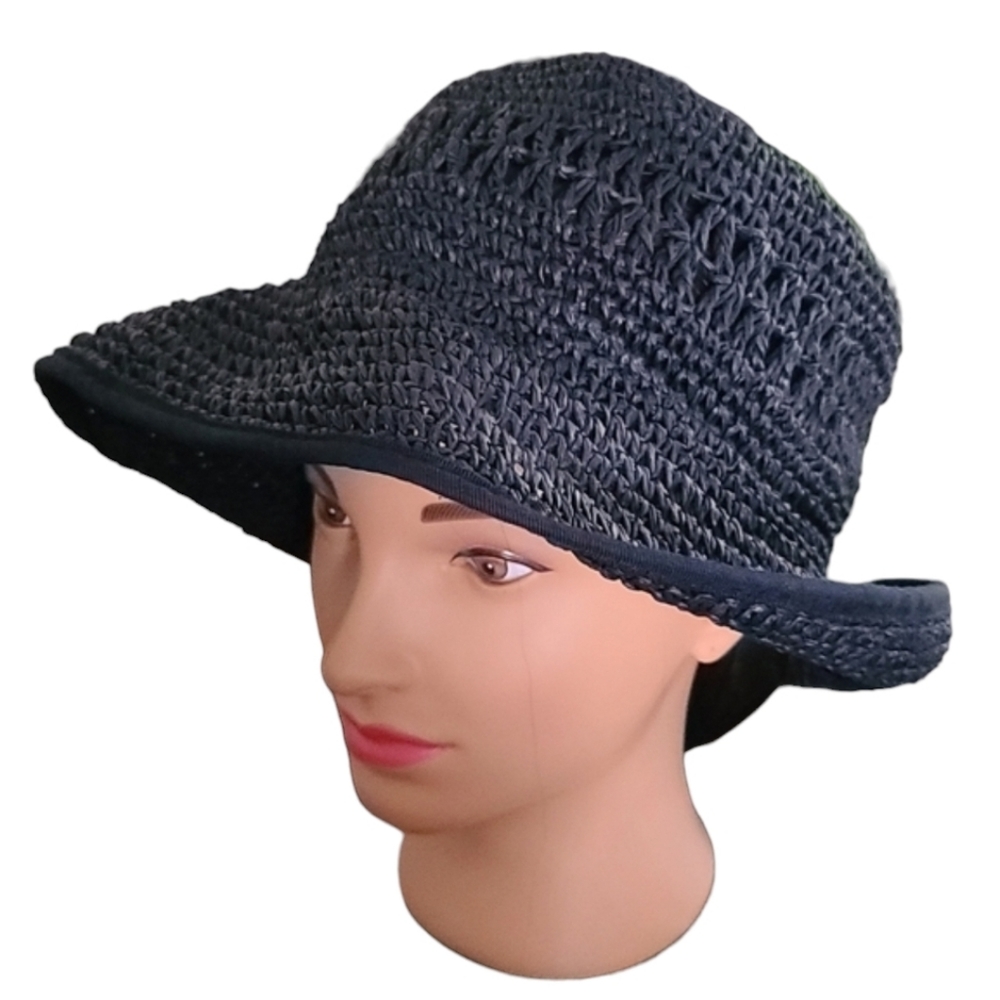 VINTAGE HAWAII Navy Blue Floppy Paper Hat Wide Brim Derby Packable Deadstock - Picture 13 of 15